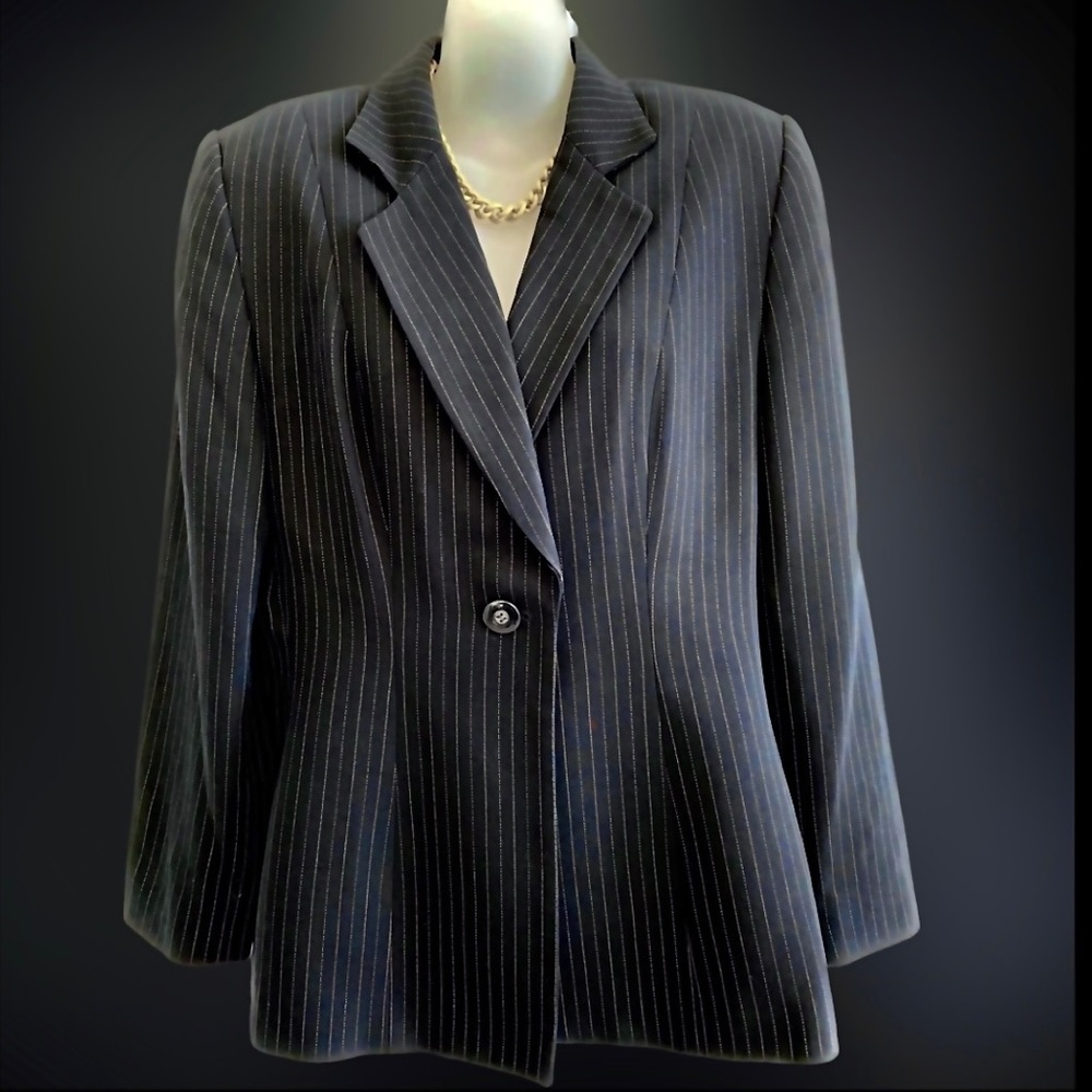 Valerie Stevens, Size 14P, Pinstriped BLACK WOOL BLAZER